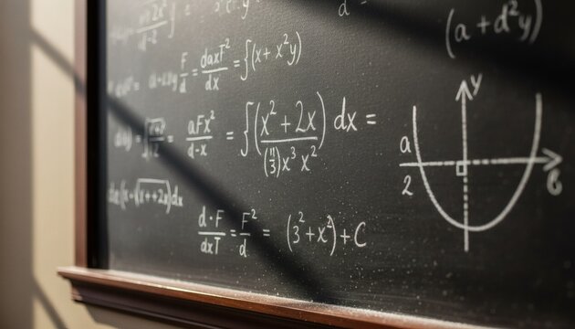 Complex math equations on a chalkboard in a sunlit classroom for scientific research and education concept, demonstrating math IRL in academic study