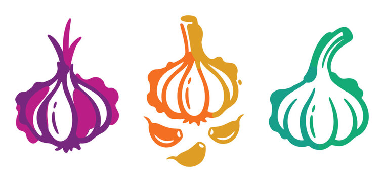 Colorful graphic icons of onions and garlic cloves on checkerboard