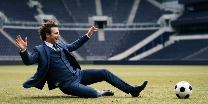 Businessman sliding on stadium grass beside soccer ball after risky business move. Concept of business risk, recovery, bold decision making, competition, strategy mistake and resilience.