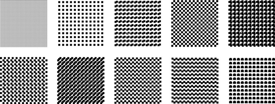 Black and white geometric dot grid patterns collection, abstract seamless halftone vector designs