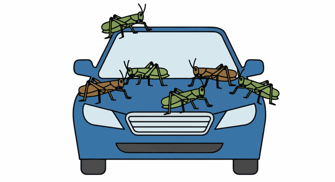 Blue car with seven grasshoppers covering its windshield and hood