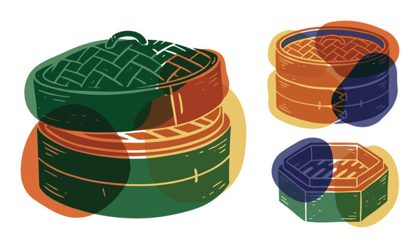 Dim sum steamer basket illustrations with abstract color shapes