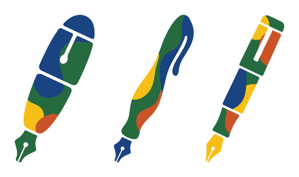 Fountain pen collection featuring abstract colorful camo pattern