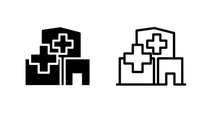 Multi-Specialty Hospital Building Icon: Comprehensive Medical Center Symbol in Black and White Outline