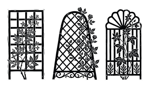 Garden trellis with climbing rose and vine silhouette