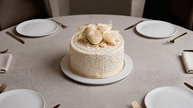 unused. An ornate cake on a dining table with empty plates and unused cutlery. symbolizing life milestones and joyful moments.