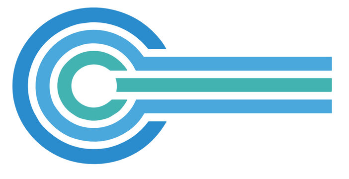 Abstract circular concentric arc with horizontal parallel lines extending right in blue and teal gradient. Modern technology, connectivity and speed concept logo for corporate identity design.