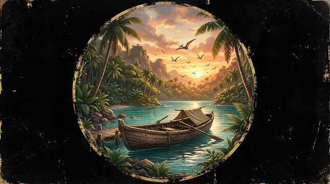 Old wooden rowboat anchored at a serene tropical island dock during a vibrant sunset with pterodactyls flying in the sky