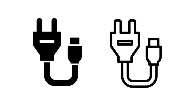 Electrical Power Plug and USB Cable Icon Set in Solid and Outline Style for Charging Devices