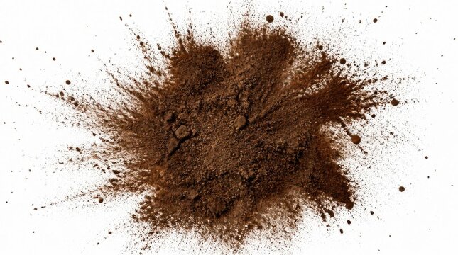 Brown cocoa powder explosion isolated on white background.
