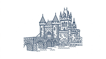 Detailed Sketch of a Majestic Medieval Castle with Bridge. © Falik