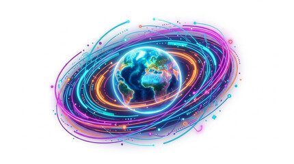 Digital Earth Globe Surrounded by Neon Light Swirls. © Falik