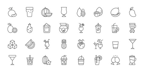Fototapeta premium Summer Drinks icons in line design. summer, drinks, beverage, cocktail, refreshment, juice, vacation on white background vector. Summer Drinks editable stroke icon