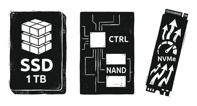 Solid state drive hardware component flat line art vector illustration set