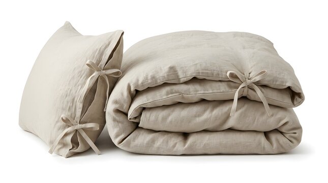 A soft pillow and a neatly folded duvet are placed together. The duvet is tied with ribbons. This bedding is set on a white background. The colors are neutral and simple