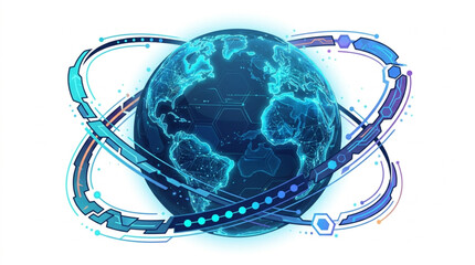 Digital Earth Globe with Futuristic Orbiting Rings. © Falik