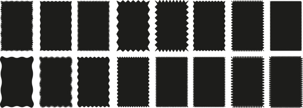 Black vertical rectangle shape collection with creative wavy zig zag jagged edge banner labels for sticker template