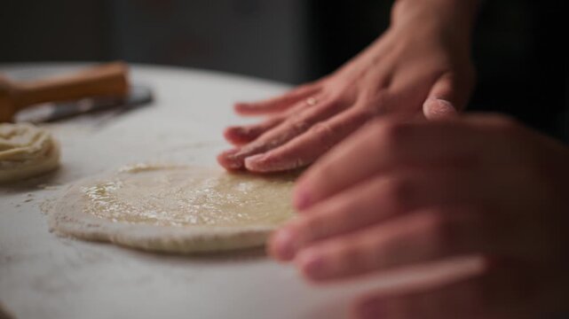 Hands gently press dough on floured surface. Focused action shows skilled preparation. Warm lighting highlights textured dough and workspace. Ideal for culinary, restaurant, or food tutorial content