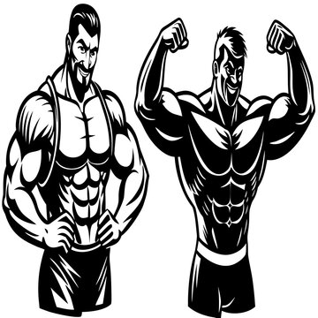 Athletic and fat man. Muscular athlete poses with pumped muscles and sad fat guy with saggy belly and flabby vector muscles