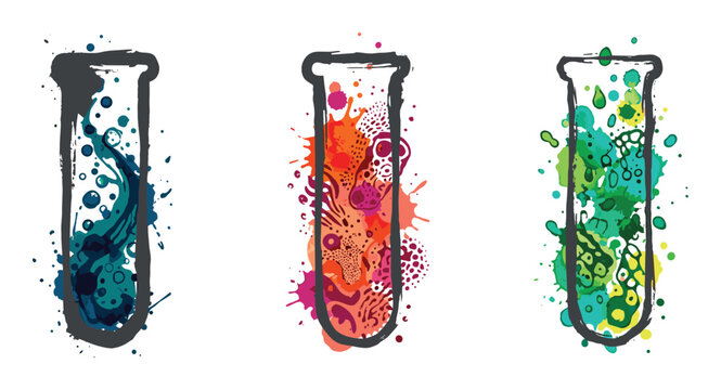 Three test tubes with colorful liquid splashes and abstract patterns
