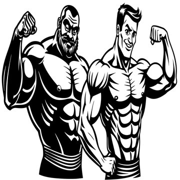 Athletic and fat man. Muscular athlete poses with pumped muscles and sad fat guy with saggy belly and flabby vector muscles