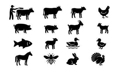 Farm Animal Silhouette Collection with Cow Goat Sheep Chicken Fish and Rabbit Vector Set © SobujChandra