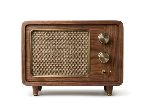 A vintage wooden radio sits on a white surface. It features two knobs on the front and a woven speaker grill. The radio shows an old design that reflects past styles