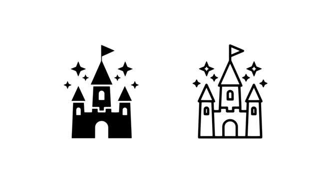 Magical Fairy Tale Castle Icons with Sparkles in Solid and Line Art Styles for Theme Parks