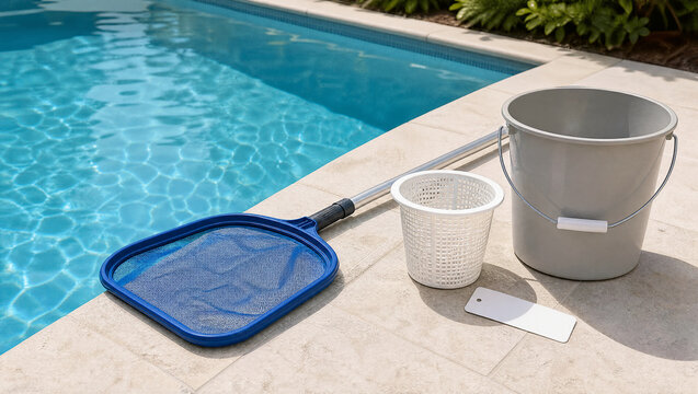Pool skimmer cleaning setup with blank maintenance tag