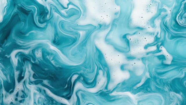Bright blue and white paints mix together and form swirls in four frames. Each frame shows the changing patterns created by the paint as it flows and combines