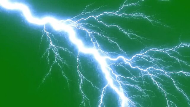 Bright blue lightning strike illuminating a dark green sky with powerful energy