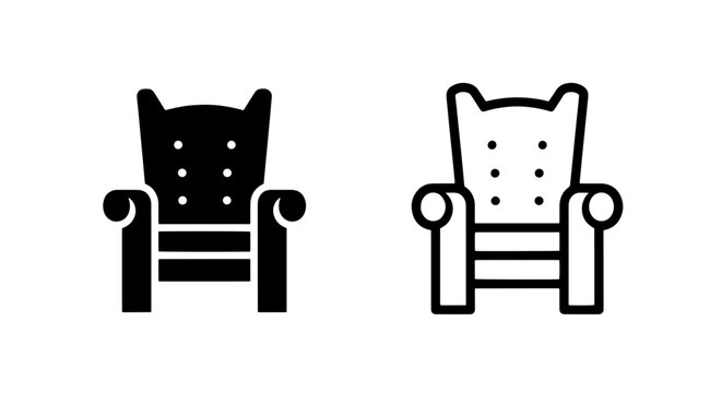 High back royal armchair or throne icons in silhouette and outline style for interior design, luxury, and leadership concepts