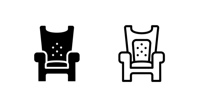 Ornate high back throne chair icons in silhouette and linear styles representing prestige, comfort, and royal seating