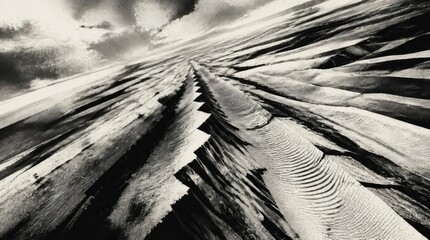 Fototapeta premium Dramatic perspective of weathered wooden planks stretching towards a cloudy sky.
