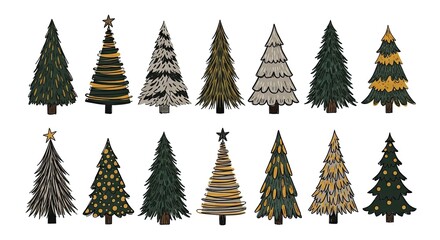 Obraz premium Collection of stylized hand drawn christmas trees in various artistic patterns and colors.