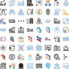 Fototapeta premium Grid of flat icons representing technology, health, business, sports, food, travel and education concepts, clean infographic style symbols for web, app, commerce and lifestyle use