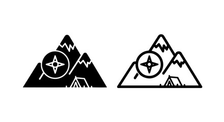 Camping and hiking icons featuring mountain peaks with compass and tent for outdoor adventure and travel design © MdDelowar