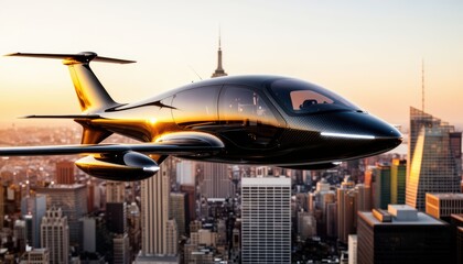 Fototapeta premium An eVTOL air taxi hovers above a city skyline at sunset. The sleek design of the air taxi contrasts with the urban landscape below, showcasing innovation in air transport.