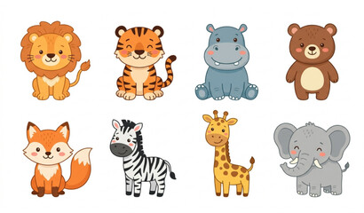 Obraz premium Cute Cartoon Wild Animal Characters Vector Collection