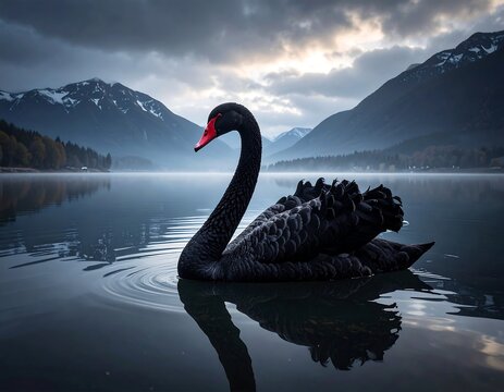 Elegant Black Swan Gliding on Calm Mountain Lake at Dusk