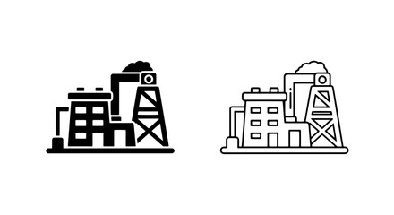Naklejka premium Industrial factory and power plant icon set with silos and chimneys, manufacturing and energy production concept