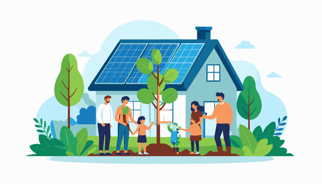 Family plants a sapling in front of a solar-powered home