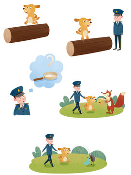 Children's story illustration: A dog runs on a log, a security guard says it's time to go home, the security guard thinks of a frying pan, a fox picks up a box, and an ant picks up a blanket.