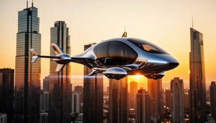 Fototapeta premium An eVTOL air taxi glides through the evening sky, showcasing modern technology. This air taxi navigates above a city skyline during sunset, highlighting urban innovation.