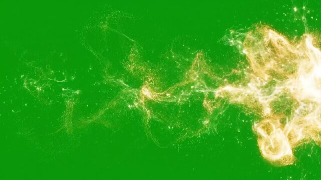 Golden particles exploding and swirling against a vibrant green background