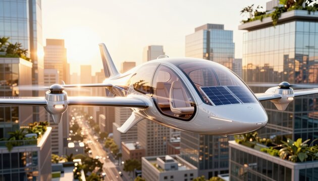 An eVTOL air taxi hovers above a bustling cityscape as the sun sets. The air taxi showcases advanced design, highlighting the future of urban air travel in the air.
