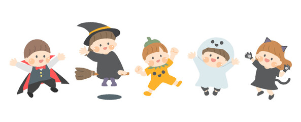 ハロウィンの仮装をしてジャンプする子供たち © ateliertomomi
