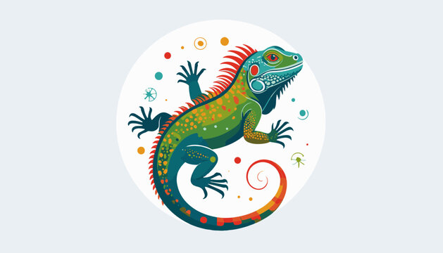Colorful illustration of a green and teal iguana with red crest and spotted body