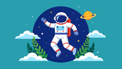 Astronaut floating in space with planets and stars. © Ridwan