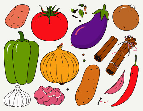 Assorted vegetables and spices scattered on a plain surface